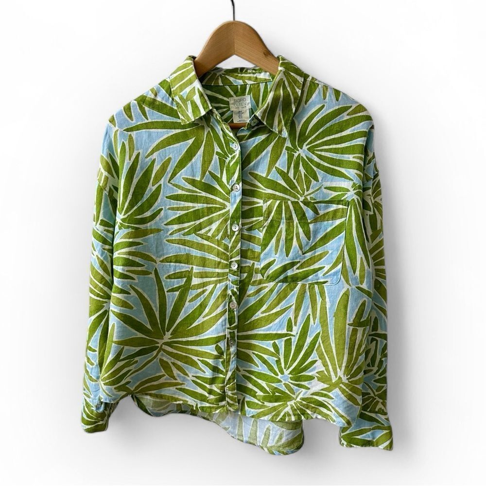 Sigrid Olsen Green Leaf-Print Button-Down on Blue